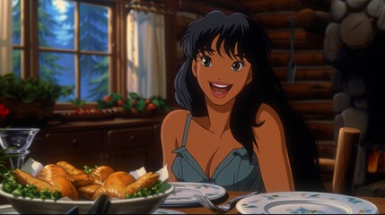 Animated young woman smiling at a dining table with food in a cozy cabin-like setting.