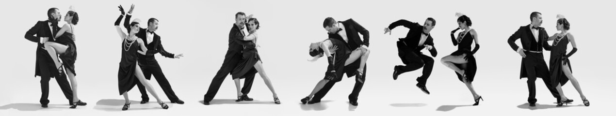 Dynamic collage. Talented couple of dancers in vintage stage evening attires dancing tango in black...