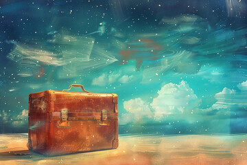 Suitcase The universal symbol of travel, handdrawn illustration, dreamy background 