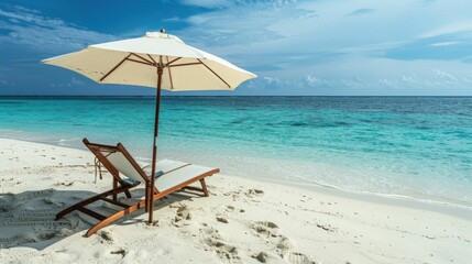 A chair and an umbrella provide shade on the sandy beach, with the azure sky reflecting in the crystal clear water of the oceanic coastal landforms AIG50