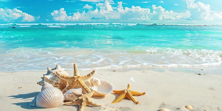 Scenic beach with starfish and seashells on white sand under a sunny sky with turquoise waves. Perfect tropical vacation scenery.