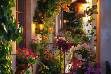 Summer balcony decor potted plants, lanterns, and colorful flowers illuminate 