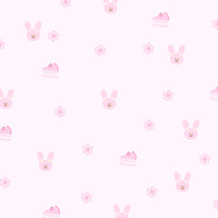 Illustration of bunny, cake, flowers on a pastel pink background for easter, card, animal print, girly pattern, kid clothes, gift wrap, packaging, fabric, wallpaper, backdrop, women textile, garment