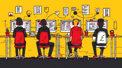 An illustrated scene of a software development team coding in an office with vibrant yellow walls and multiple monitors.