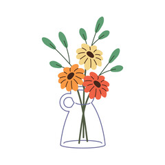 Gerbera with leaves branches in glass vase. Cut flowers in transparent jug. Blossom plant for interior decoration. Floral decor in modern minimal style. Flat isolated vector illustration on white