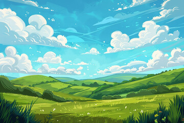 Summer fields, hills landscape, green grass, blue sky with clouds, flat style cartoon painting illustration 