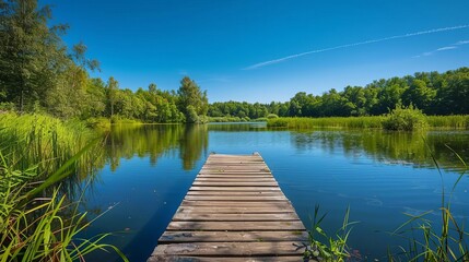Obraz premium Scenic view of a wooden pier extending into a calm, serene lake surrounded by lush greenery under a clear blue sky.