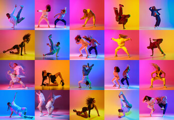 Dynamic collage. Young people dancing in different contemporary and retro styles against gradient...