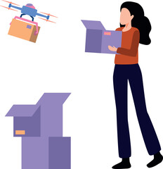 Girl delivering parcel by drone.