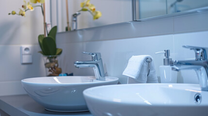 Closeup water heater in a modern bathroom with mirror and washbasin sink