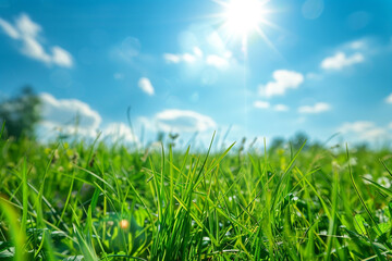 Fototapeta premium Summer sunny background with blue sky and green meadow 