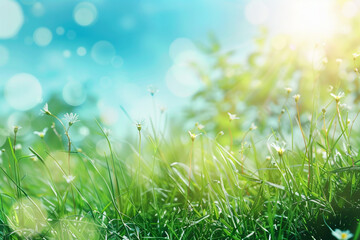 Summer sunny background with blue sky and green meadow 