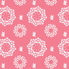 pink BG whote floral buttrtfly seamless repeat color pattern