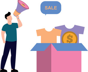 The boy is announcing the sale.