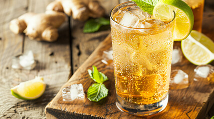 Glass of tasty ginger ale with ice cubes and ingredients