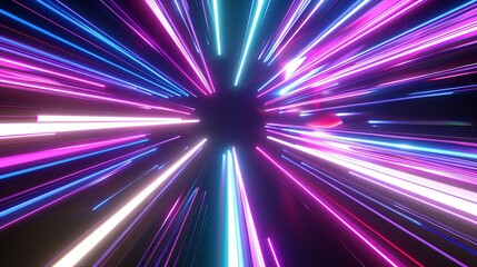 Obraz premium 3d rendering of colorful neon light lines on black background.