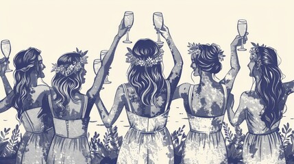 Illustration of a bride with bridesmaids toasting on a rooftop during a hen party, depicted in a serene blue monochrome style.