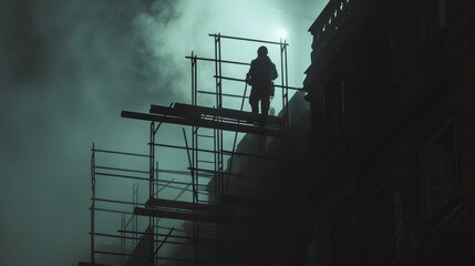 A man stands on scaffolding at night