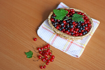 Berries in a basket on a napkin.
