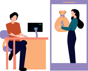 The boy is sending money online.