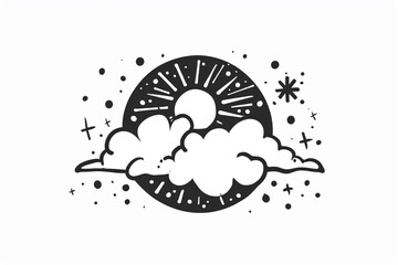 Fototapeta premium Sun behind snowcloud Partly snowy, Weather icon, simple vector svg illustration, hand drawn black and white, isolated on white background 