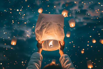 a person's hands releasing a paper lantern into the night sky, symbolizing hope, dreams, and positivity