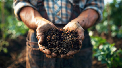 Farmer holding handful of dark soil with compost.