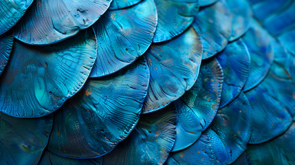 Obraz premium A close up of a blue feather with gold accents. The feather has a unique and intricate design. Close-up of overlapping blue fish scales with a metallic sheen and intricate patterns.
