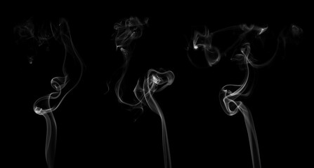 Collection set of white smoke moving on black background. Smoke clouds. Isolated abstract lines.	
