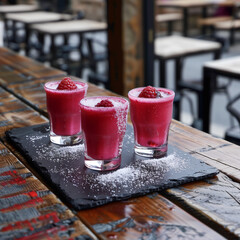 Three glasses of pink juice on top of the table, each glass filled with red colored fruit flows and sprinkled with white powder