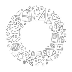 Back to school. Frame with doodles. School supplies and educational elements. Hand-drawn vector illustrations isolated on a white background.