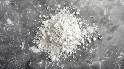 Heap of calcium carbonate powder on grey table top view