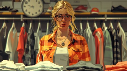 Illustration of a woman working in a clothing store, arranging a display with a worried expression.