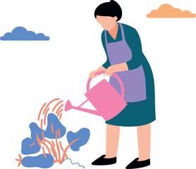 The girl is watering the plant.