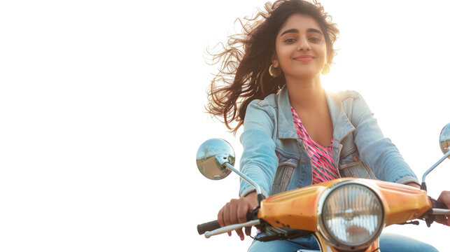 Beautiful Indian college girl on scooty on white background