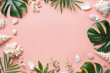 Tropical leaves and seashells frame a pastel pink background, creating a fresh and vibrant summer-themed design.