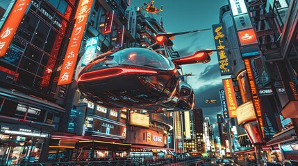 futuristic city with flying cars and tall buildings