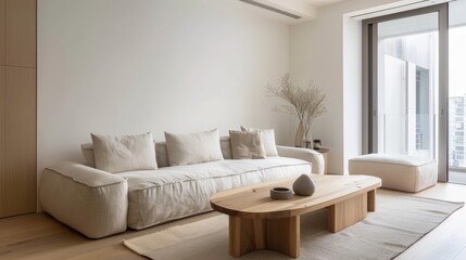 Minimalistic Living Room with Light Fabric Sofa and Raw Wood Center Table: This minimalistic living room features a two-seater sofa upholstered in light fabric, creating a clean an