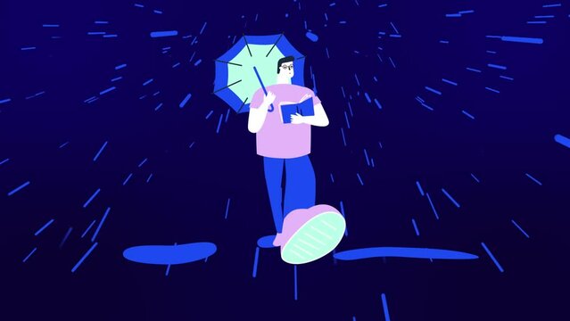 nerd walks in the rain under an umbrella with a book, abstract animation,