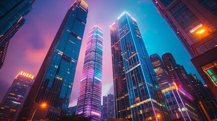 night city with skyscrapers that are lit up in pink and purple neon lights