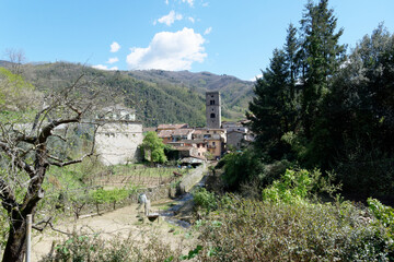 Panoramic view of Borgo a Mozzano village . Lucca, Tuscany Italy