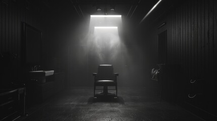 Chair situated in the center of a dimly lit room