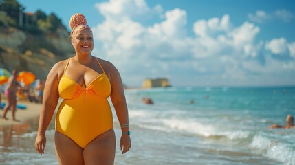 an overweight woman in a swimsuit strolls along the beach by the sea