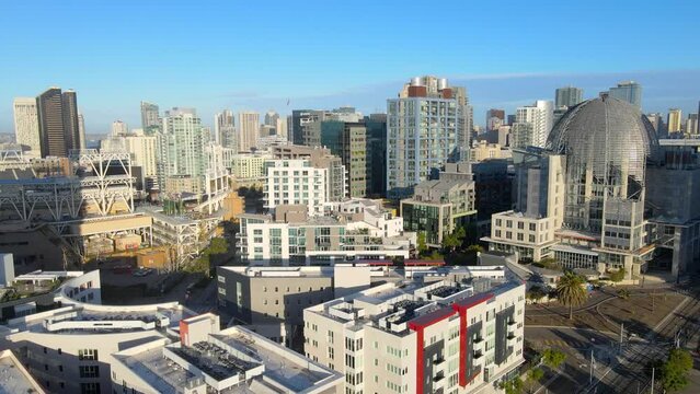 Petco Park and San Diego Central Library in downtown, aerial drone view