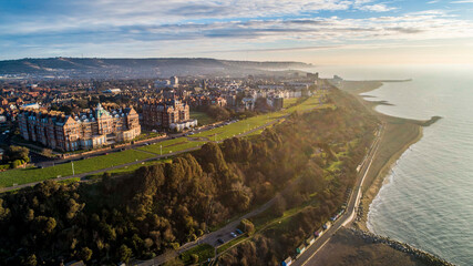 The western side of Folkestone as viewed by air as the morning mist lies in the valleys.
