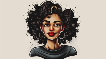 Illustration of a smiling African woman with voluminous curly hair and red earrings.