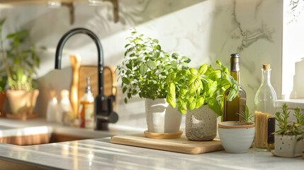 Houseplant and kitchen items on countertop indoors