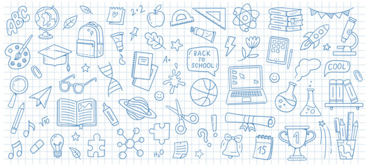 Back to school doodles. School supplies and elements are drawn on a notebook sheet. Hand-drawn vector illustrations.