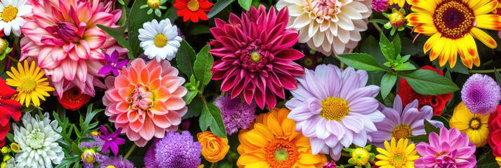 Fototapeta premium Various vibrant flowers scattered across the grass in a lively arrangement