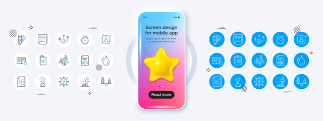 Fake news, Clipboard and Equity line icons. Phone mockup with 3d star icon. Pack of Education, Read instruction, Power icon. Teamwork, Correct way, Developers chat pictogram. Vector